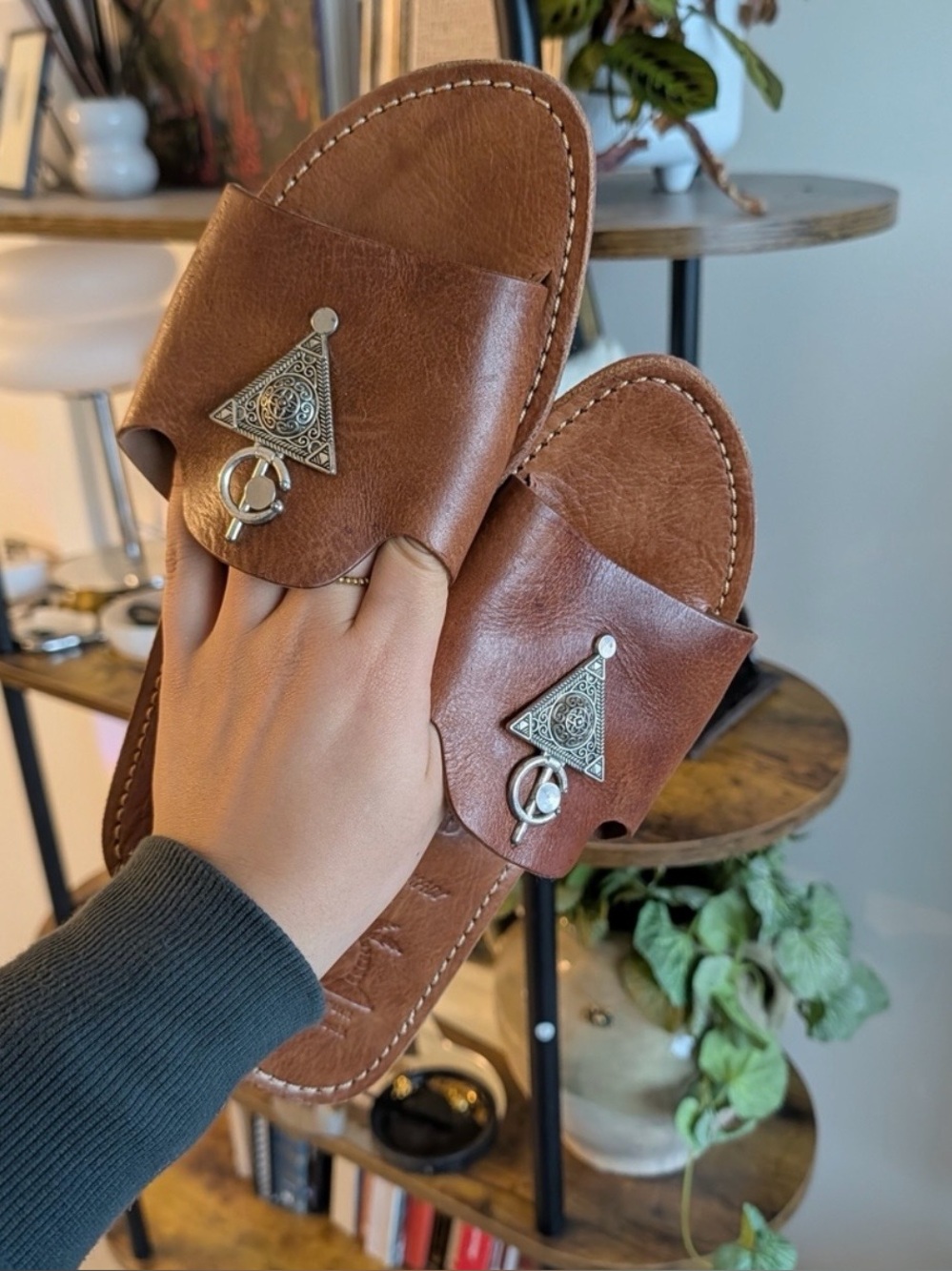 Brown Leather Sandals with Silver Accents
